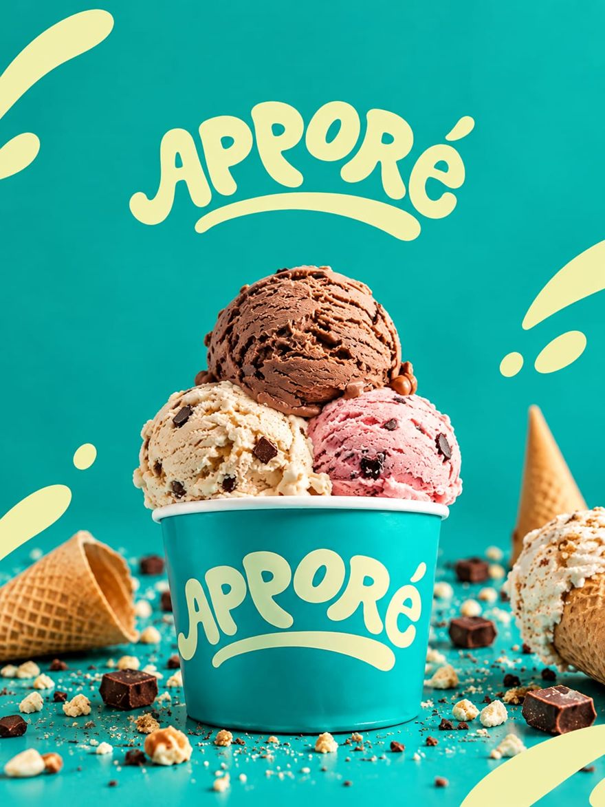 Apporé Helados: vasito con bochas de chocolate, crema y frutilla